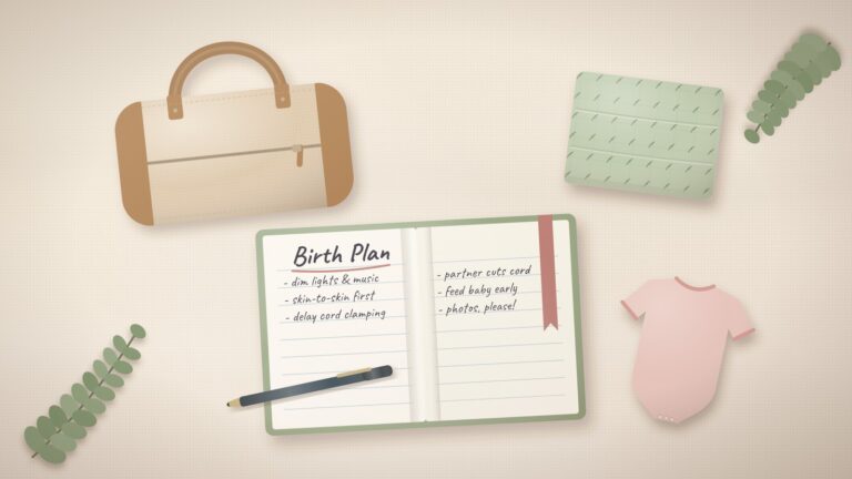 Hospital bag packing flat lay with a small duffel bag, a folded swaddle, a baby bodysuit, a pen and an open notebook with a handwritten birth plan