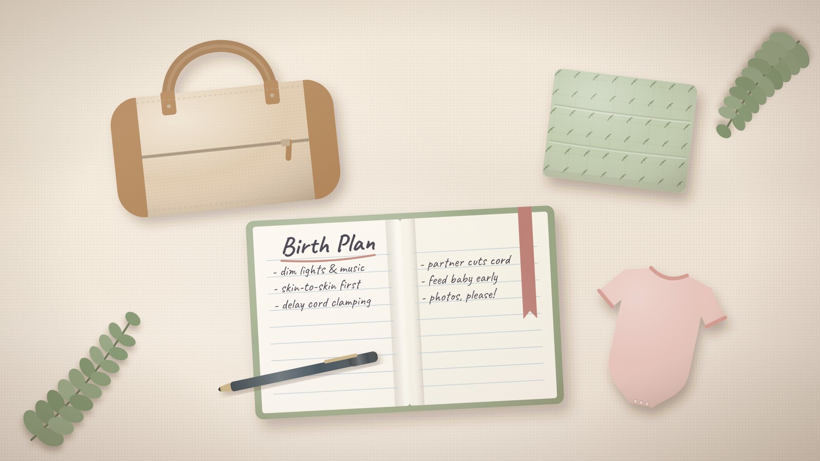 Hospital bag packing flat lay with a small duffel bag, a folded swaddle, a baby bodysuit, a pen and an open notebook with a handwritten birth plan