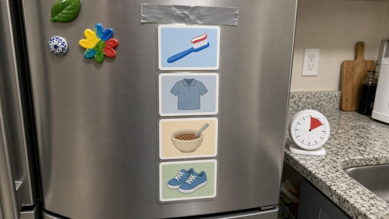 Picture card morning routine on the fridge with a timer