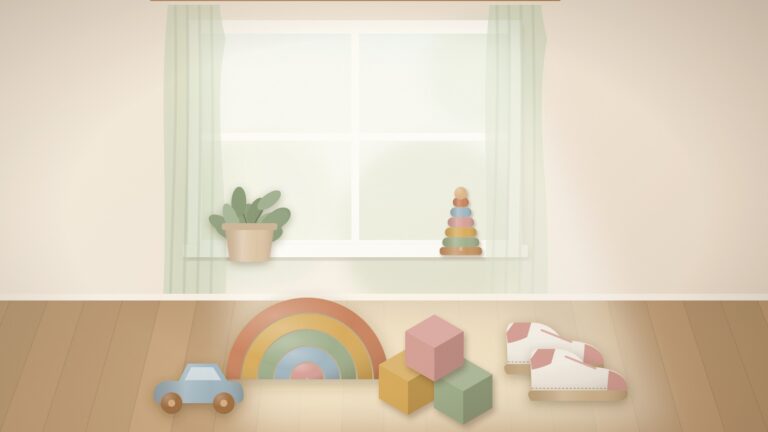 Sunny window with colorful wooden toys, a rainbow stacker, blocks and a toy car, plus a small pair of sneakers on the floor in warm morning light