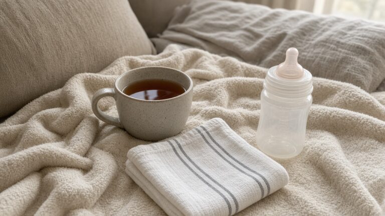 Cup of tea, burp cloth and baby bottle on a cozy blanket