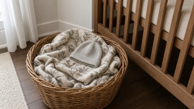 Baby blanket and knit hat in a wicker basket by the crib