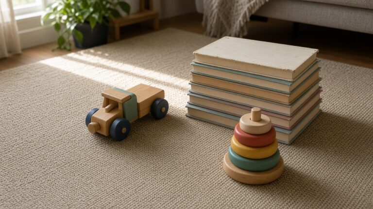 Wooden toys and a stack of books on the rug