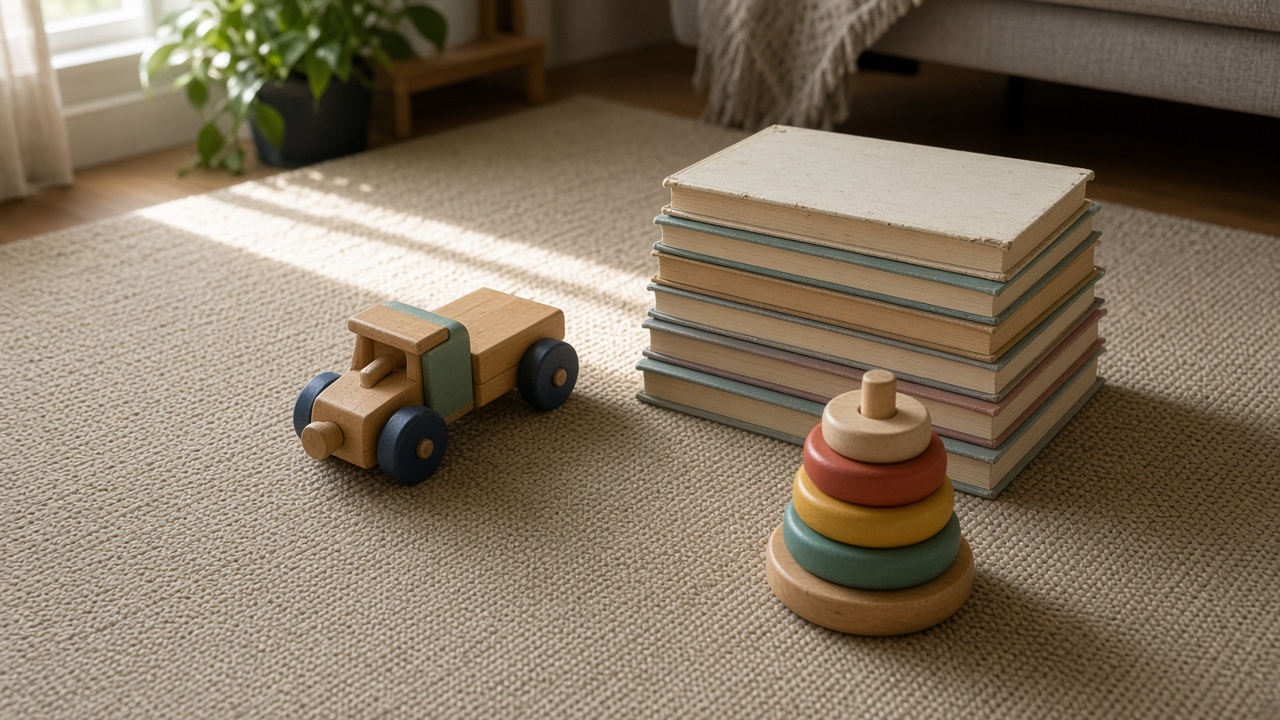 Wooden toys and a stack of books on the rug